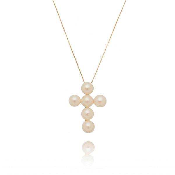 Gargantilha cruz com pérola folheada a ouro 18k