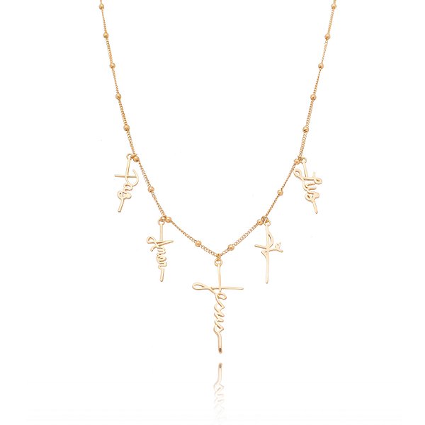 GARGANTILHA DE BOLINHA COM PALAVRAS PENDURADAS FOLHEADA A OURO 18K