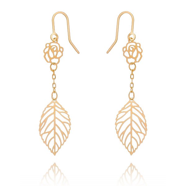 Brinco gancho folhas folheado a ouro 18k