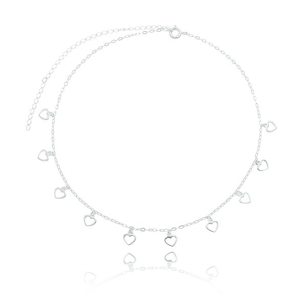 GARGANTILHA CHOKER DE PRATA COM CORAÇÕES PENDURADOS