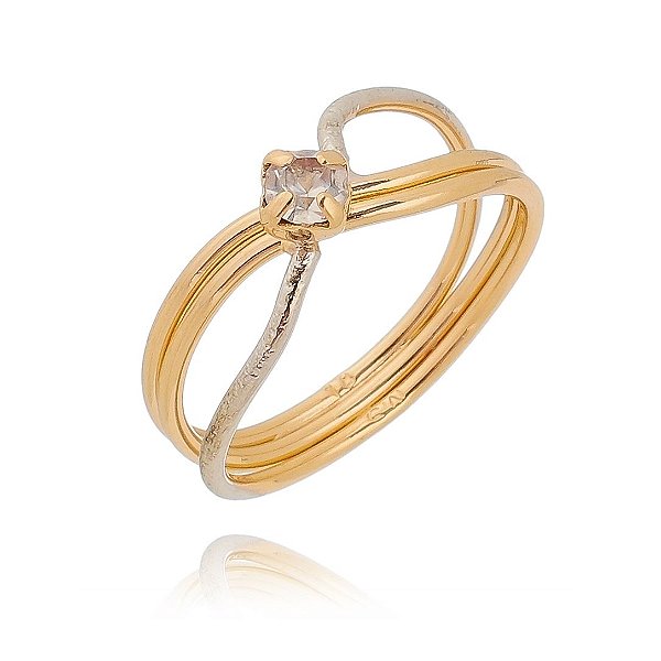 Anel solitário 3 aros com Strass folheado a ouro 18k