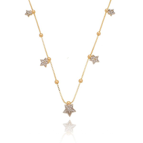 Gargantilha estrelas e bolinhas folheada a ouro 18k