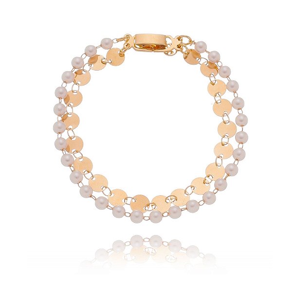 Pulseira pérola e placas folheada a ouro 18k 19cm