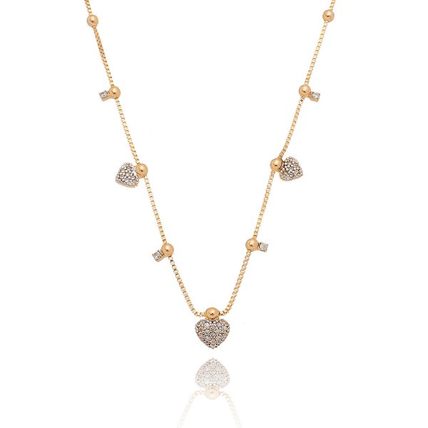 Gargantilha corações e bolinhas folheada a ouro 18k