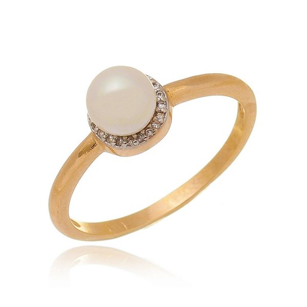 Anel pérola com zircônias folheado a ouro 18k