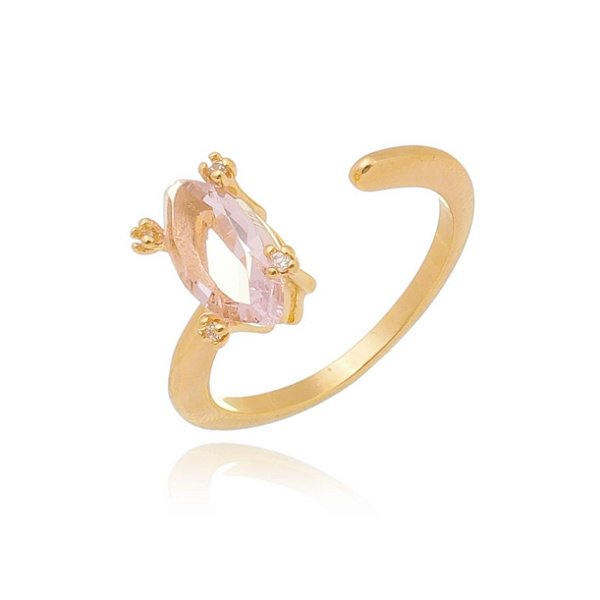 Anel aberto com zircônia navete rosa folheado a ouro 18k