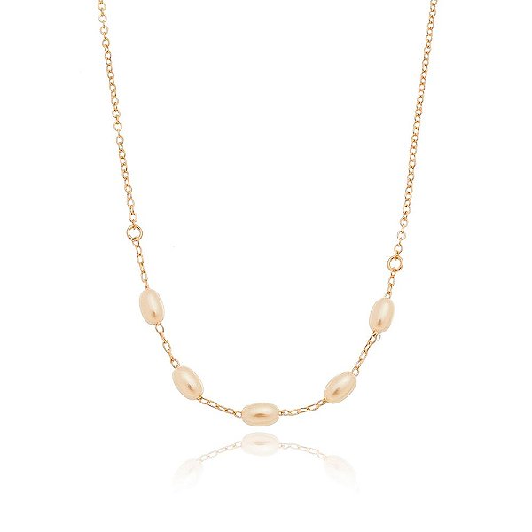 Gargantilha 5 pérolas folheada a ouro 18k