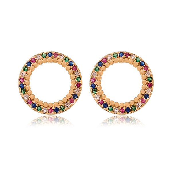 Brinco zircônias coloridas folheado a ouro 18k
