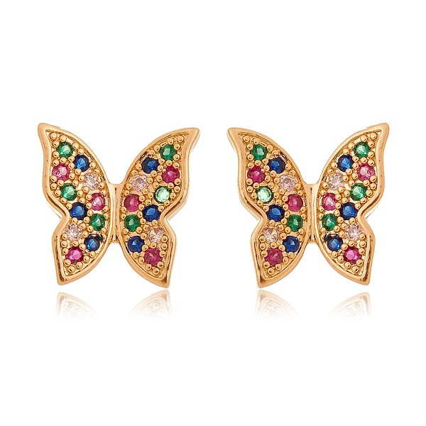 Brinco borboleta com zircônias folheado a ouro 18k