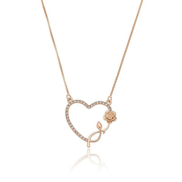 Gargantilha coração com flor folheada a ouro 18k