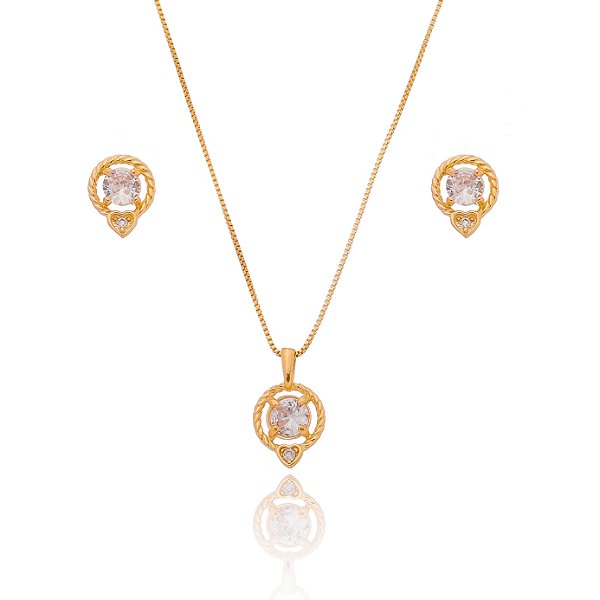 Conjunto redondo com zircônias folheado a ouro 18k