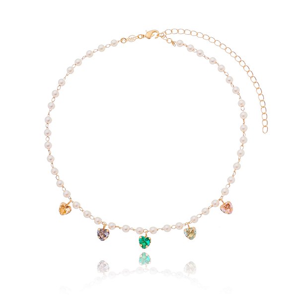 Gargantilha pérola corações coloridos folheada a ouro 18k