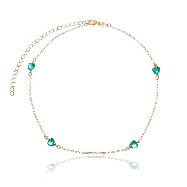 Gargantilha corações verdes folheada a ouro 18k