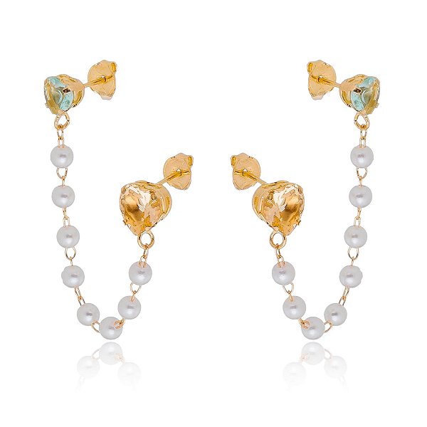 Brinco duplo furo com pérolas folheado a ouro 18k
