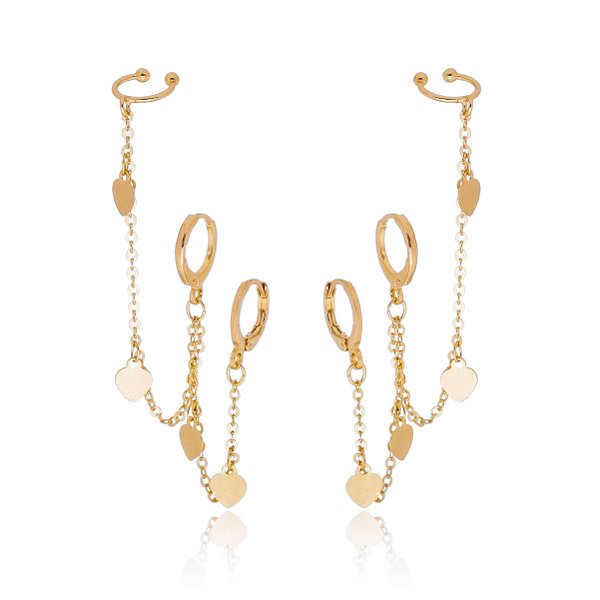 Brinco duplo terceiro furo falso folheado a ouro 18k