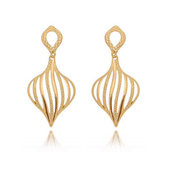Brinco pendurado gota trabalhada folheado a ouro 18k