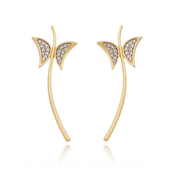 Brinco borboleta com zircônias folheado a ouro 18k