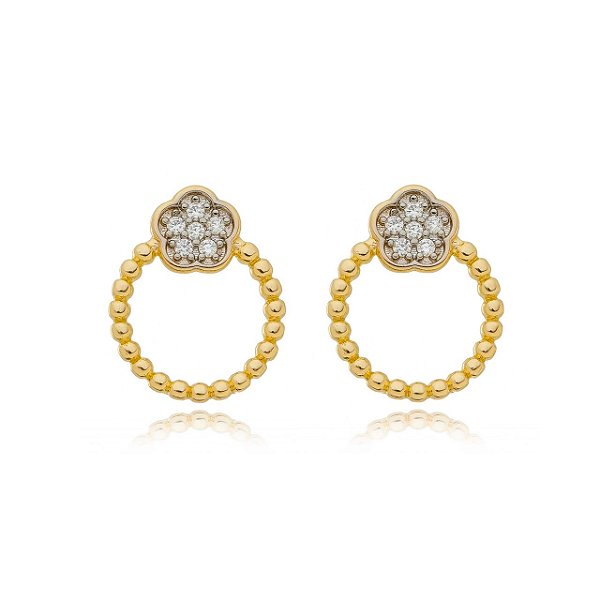 Brinco flor com zircônias folheado a ouro 18k