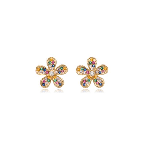 BRINCO DE FLOR CRAVEJADO COM ZIRCÔNIAS COLORIDAS FOLHEADO OURO 18K