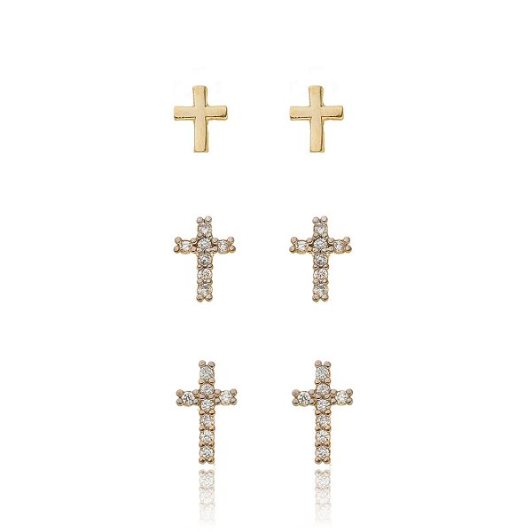 Brinco trio de cruzes com zircônias folheado a ouro 18k