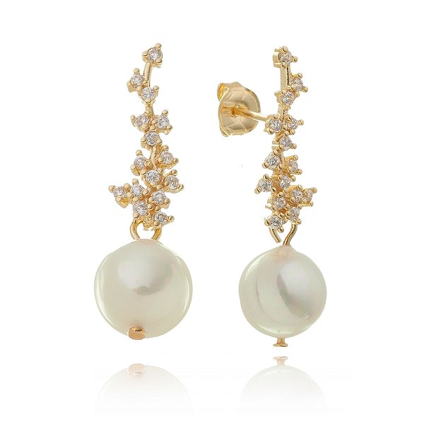 Brinco pérola com zircônias folheado a ouro 18k