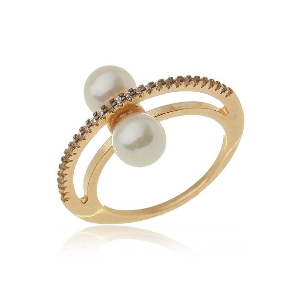 Anel com pérola e zircônias folheado a ouro 18k
