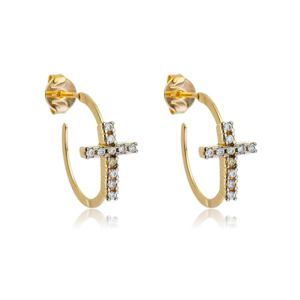 Argola cruz com zircônias folheada a ouro 18k