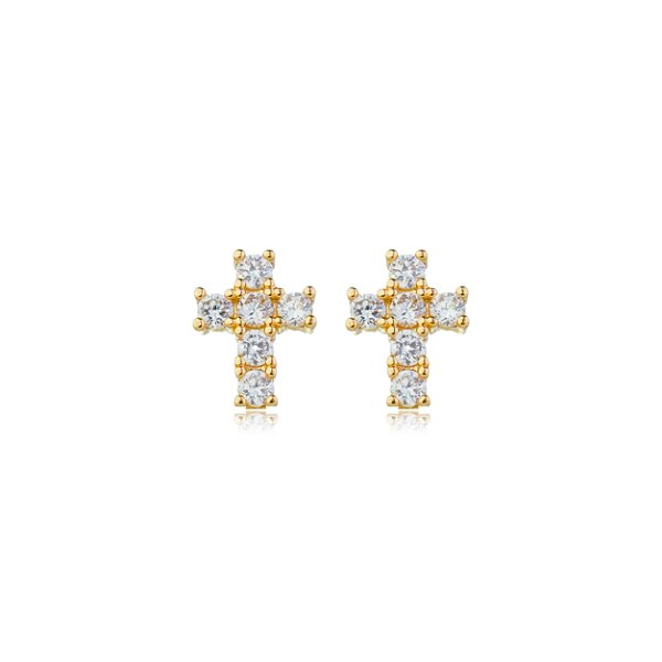 Brinco cruz com zircônias folheado a ouro 18k