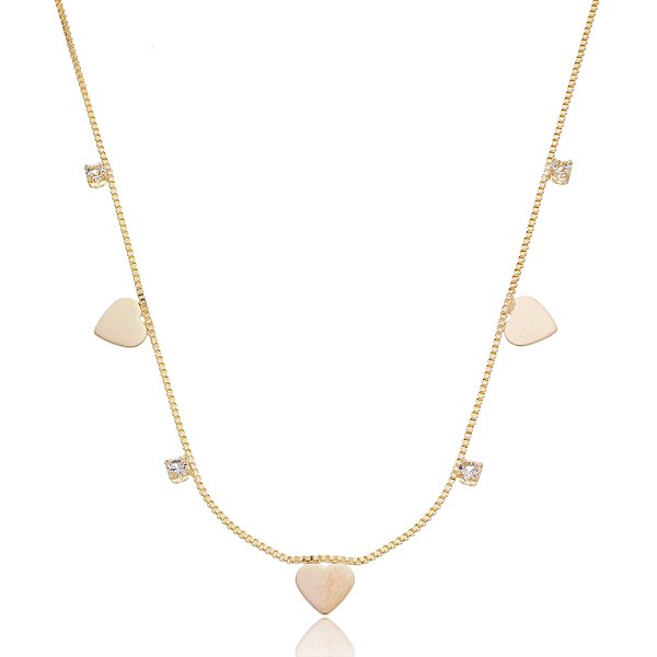 Gargantilha corações e zircônias folheada a ouro 18k