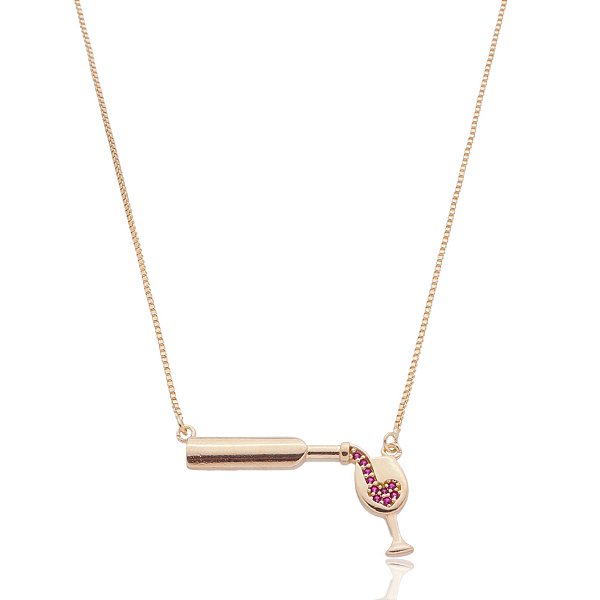 Gargantilha taça e garrafa de vinho folheada a ouro 18k