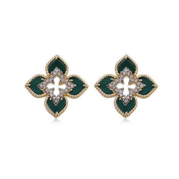 Brinco trevo com zircônias folheado a ouro 18k