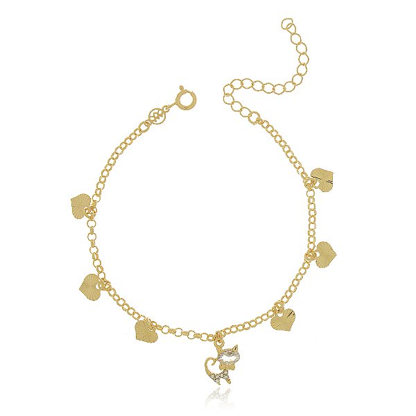 Pulseira gatinho com zircônias folheado a ouro 18k 17 cm