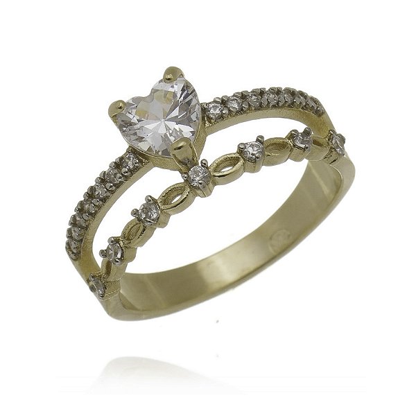 Anel duplo coração com zircônia folheado a ouro 18k