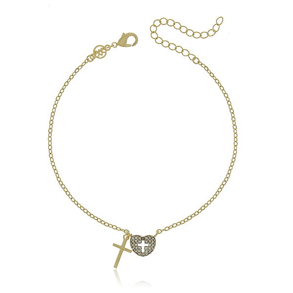 Pulseira cruz com coração folheada a ouro 18k