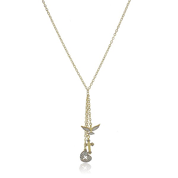 Gargantilha com cruz, coração e Espírito Santo folheada a ouro 18k