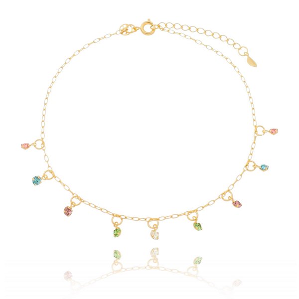 Tornozeleira com cristais coloridos folheada a ouro 18k 22cm