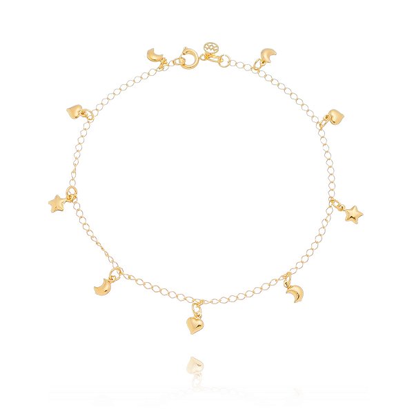 Tornozeleira Lua,Estrela e Coração folheada a ouro 18k 24cm
