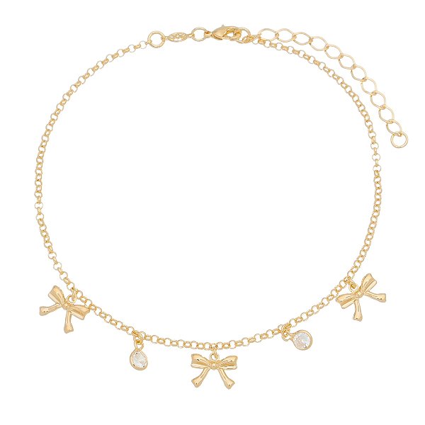 Tornozeleira laço e cristal folheada a ouro 18k 23cm