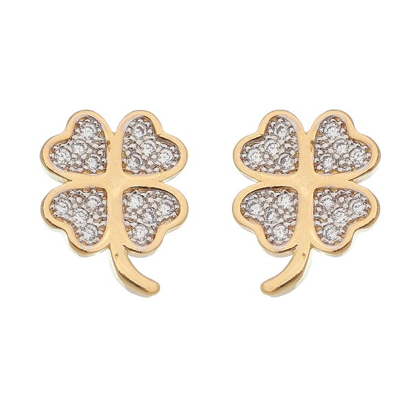 Brinco trevo 4 folhas misto folheado a ouro 18k