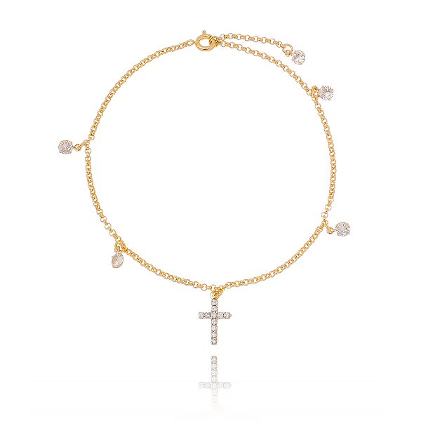 Tornozeleira cruz e ponto de luz zircônia folheada a ouro 18k 22cm