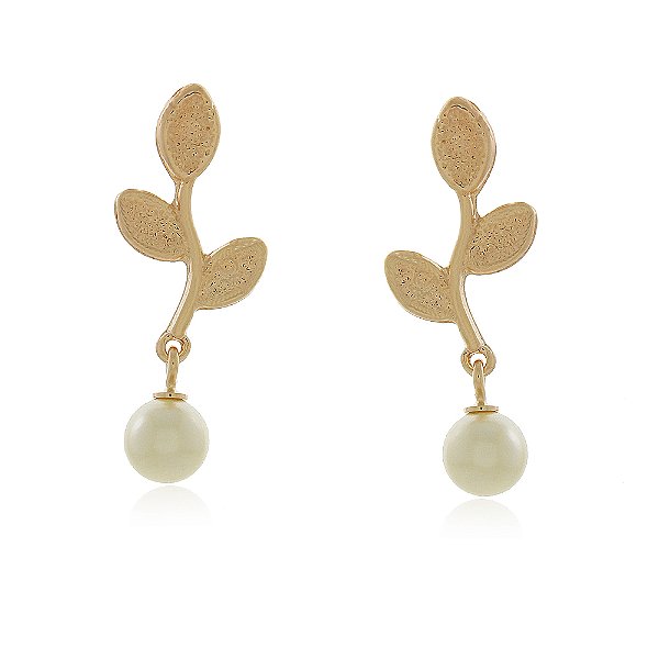Brinco folhas com pérola folheado a ouro 18k