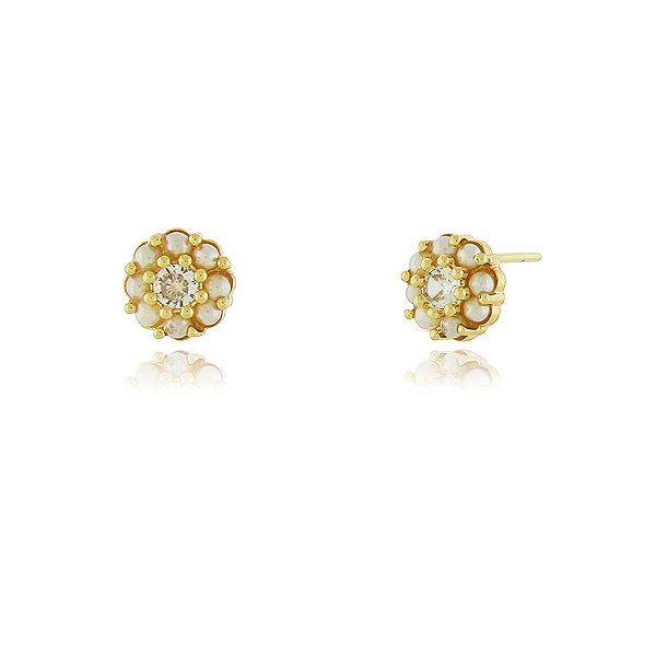 Brinco Flor com zircônias folheado a ouro 18k