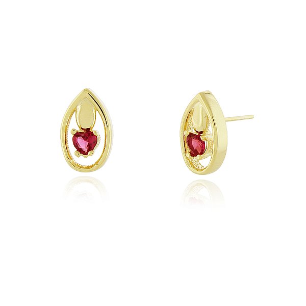 Brinco Gota Vazada com vidro lapidado rosa folheado a ouro 18k