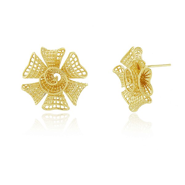 Brinco flor telado folheado a ouro 18k