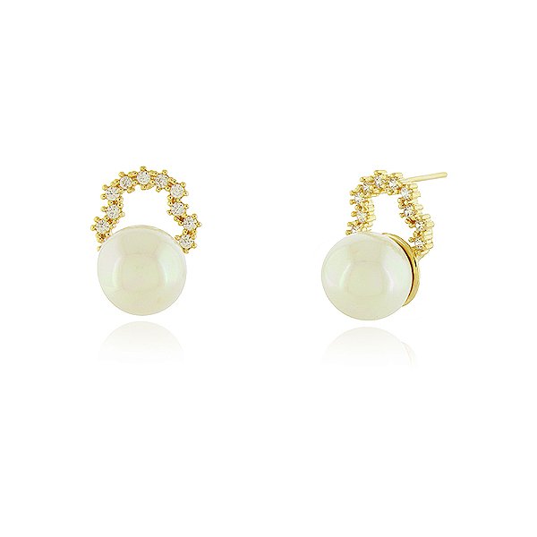Brinco pérola com zircônias folheado a ouro 18k