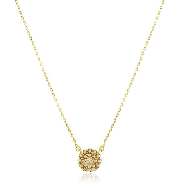 Gargantilha flor com pérola e zircônia folheada a ouro 18k