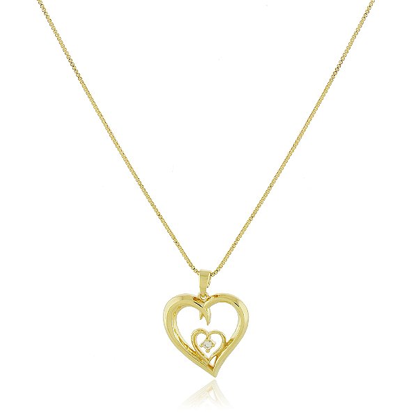 Gargantilha coração duplo com zircônias folheada a ouro 18k