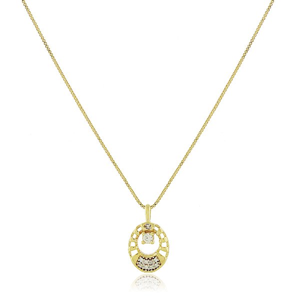 Gargantilha oval vazado com zircônias folheada a ouro 18k