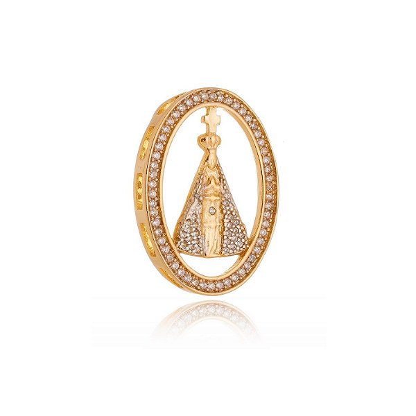 Pingente Nossa Senhora Aparecida grande com zircônias folheado a ouro 18k