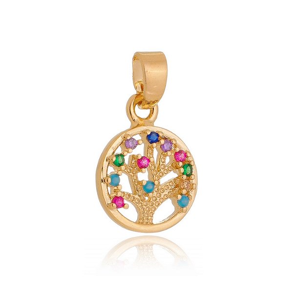 Pingente árvore da vida com zircônias coloridas folheado a ouro 18k